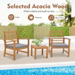 Costway 3 PCS Outdoor Furniture Set Acacia Wood Conversation Set With Soft Seat Cushions White/Grey/Navy -Costway GUEST c3883f37 e007 4d81 ba39 93d1594d3cbe