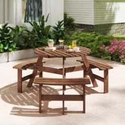 Costway 6-Person Round Picnic Table Set With 3 Built-in Benches 2" Umbrella Hole, Brown/Yellow -Costway GUEST c3f67f77 8701 4f8c ab54 2c9e7f412c41