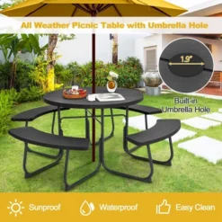 Costway Outdoor 8-person Round Picnic Table Bench Set With 4 Benches & Umbrella Hole Black/Grey/Green/White -Costway GUEST c41ced19 b953 494b bb07 078ec6e2364e