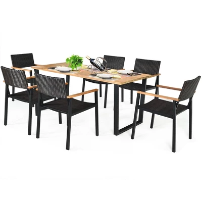 Costway 7PCS Patio Rattan Patented Dining Chair Table Set Solid Wood Frame Umbrella Hole 10 Costway 7PCS Patio Rattan Patented Dining Chair Table Set Solid Wood Frame Umbrella Hole - Image 8