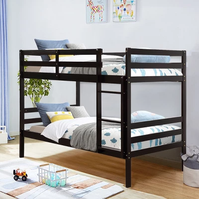 Costway Twin Over Twin Wood Bunk Beds Ladder Safety Rail EspressoWhite 4 Costway Twin Over Twin Wood Bunk Beds Ladder Safety Rail EspressoWhite - Image 2