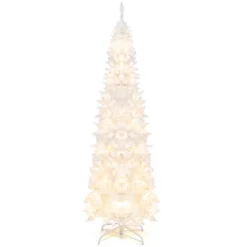 Costway 7FT Pre-Lit Hinged Pencil Christmas Tree White W/ 300 LED Lights & 8 Flash Modes