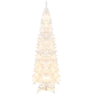Costway 7FT Pre-Lit Hinged Pencil Christmas Tree White W/ 300 LED Lights & 8 Flash Modes 3 Costway 7FT Pre-Lit Hinged Pencil Christmas Tree White W/ 300 LED Lights & 8 Flash Modes