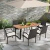 Costway 7 PCS Patio Rattan Dining Set Acacia Wood Table 6 Wicker Chairs With Umbrella Hole