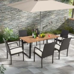 Costway 7 PCS Patio Rattan Dining Set Acacia Wood Table 6 Wicker Chairs With Umbrella Hole