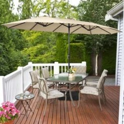 Costway 15FT Double-Sided Twin Patio Umbrella Outdoor Market W/ Crank & Base GreyCoffeeTurquoiseBeigeOrangeWine
