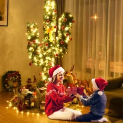 Costway 7Ft Pre-Lit Cactus Christmas Tree LED Lights Ball Ornaments