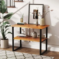 Costway 2-Tier Teak Bathroom Storage Shelf Freestanding Wooden Bookshelf For Living Room -Costway GUEST c7117ca3 7f99 43fa a739 f2c54da8d332