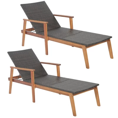 Costway 2PCS Patio Rattan Chaise Lounge Chair Recliner Back Adjustable Acacia Wood 3 Costway 2PCS Patio Rattan Chaise Lounge Chair Recliner Back Adjustable Acacia Wood