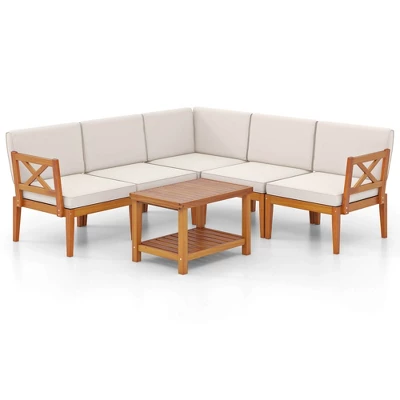 Costway 6 PCS Acacia Wood Patio Furniture Set With Cushions And 2-Tier Coffee Table 11 Costway 6 PCS Acacia Wood Patio Furniture Set With Cushions And 2-Tier Coffee Table - Image 9