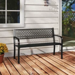 Costway 50" Outdoor Garden Bench With Geometric Lattice Backrest Armrests And Slatted Seat Black/Gray