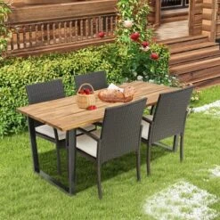 Costway 5 PCS Patio Rattan Dining Set Acacia Wood Table 4 Wicker Chairs With Umbrella Hole -Costway GUEST c9a81228 1076 4042 b959 c6eb6e4568ef