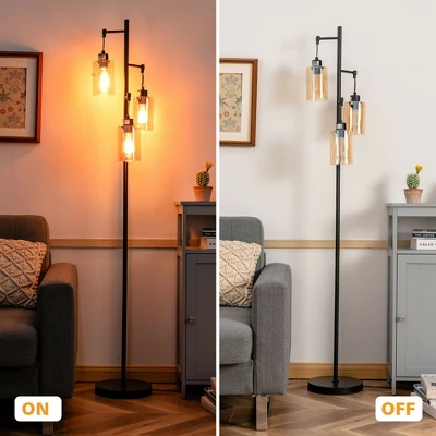 Costway Freestanding Floor Lamp Retro Floor Lamp W/3-Head Hanging Amber Glass Shade 6 Costway Freestanding Floor Lamp Retro Floor Lamp W/3-Head Hanging Amber Glass Shade - Image 4