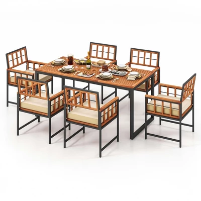 Costway 7 PCS Patio Dining Set Outdoor Acacia Wood Table With Soft Cushions Umbrella Hole 3 Costway 7 PCS Patio Dining Set Outdoor Acacia Wood Table With Soft Cushions Umbrella Hole
