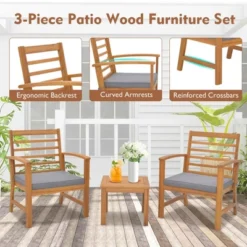 Costway 3 PCS Outdoor Furniture Set Acacia Wood Conversation Set With Soft Seat Cushions White/Grey/Navy -Costway GUEST cc004db7 b3aa 4495 b283 99ee77c16380