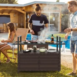 Costway Outdoor Bar Cart With Tempered Glass Top Storage Cabinet & 8 Hooks For Porch Brown/Gray -Costway GUEST cc0448f8 ef0e 473b ba89 aee6265a3928