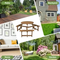Costway 6-person Round Wooden Picnic Table Outdoor Table W/ Umbrella Hole & Benches -Costway GUEST cc71fc75 81df 4cee 8e15 621c653d7509