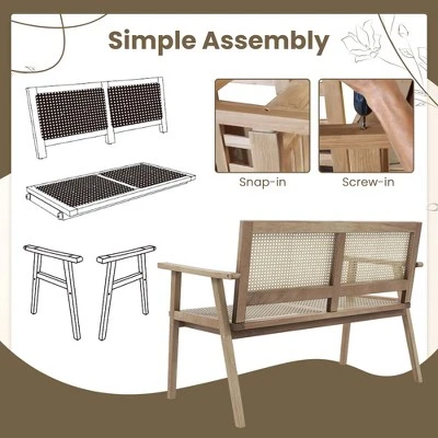 Costway Indonesia Teak Wood Garden Bench 2-Person Bench With Armrests Natural Rattan Backrest & Seat 10 Costway Indonesia Teak Wood Garden Bench 2-Person Bench With Armrests Natural Rattan Backrest & Seat - Image 8