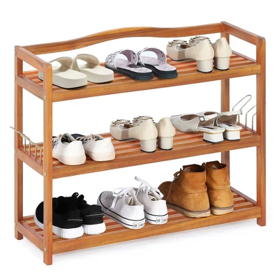 Costway 3-Tier Wood Shoe Rack Solid Acacia Wood Shoe Shelf With Side Metal Hooks 6 Costway 3-Tier Wood Shoe Rack Solid Acacia Wood Shoe Shelf With Side Metal Hooks - Image 4