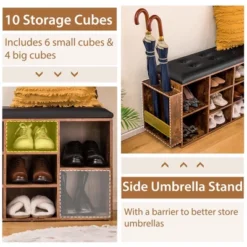 Costway Wooden Shoe Bench 10-Cube Storage Organizer With Padded Cushion & Umbrella Holder -Costway GUEST cdd571ec b6ee 4fc2 b998 3843573ad769