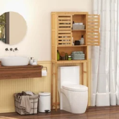 Costway Over The Toilet Storage Cabinet Tall Bathroom Bamboo Shelf Organizer Space Saver