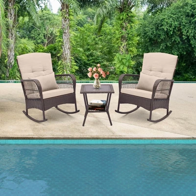 Costway 3 PCS Patio Rocker Set Outdoor Wicker Rocking Chairs With Double-Layer Coffee Table Gray/Navy/Beige/Red 4 Costway 3 PCS Patio Rocker Set Outdoor Wicker Rocking Chairs With Double-Layer Coffee Table Gray/Navy/Beige/Red - Image 2