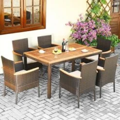Costway 7PCS Patio Rattan Dining Set Armrest Cushioned Chair Wooden Tabletop