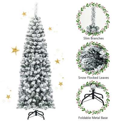Costway 4.5/6/7.5 Ft Unlit Hinged Snow Flocked Artificial Pencil Christmas Tree With 242/500/641 Branch 9 Costway 4.5/6/7.5 Ft Unlit Hinged Snow Flocked Artificial Pencil Christmas Tree With 242/500/641 Branch - Image 7