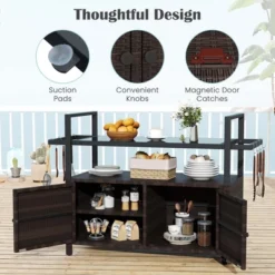 Costway Outdoor Bar Cart With Tempered Glass Top Storage Cabinet & 8 Hooks For Porch Brown/Gray -Costway GUEST d06c8b98 cd21 46de a61f 2a644f799e80