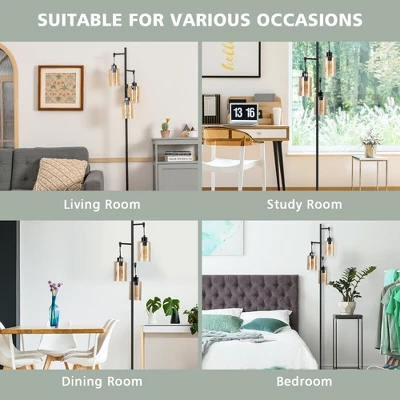 Costway Freestanding Floor Lamp Retro Floor Lamp W/3-Head Hanging Amber Glass Shade 9 Costway Freestanding Floor Lamp Retro Floor Lamp W/3-Head Hanging Amber Glass Shade - Image 7