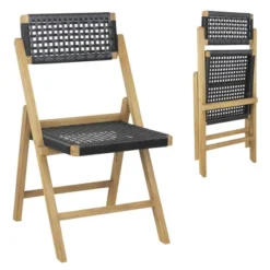 Costway 2/4 Piece Patio Folding Chairs With Woven Rope Seat & High Back Indonesia Teak Wood For Porch Natural&Black -Costway GUEST d10c9e48 3929 4794 8c37 6dacea7b9ed5
