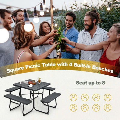 Costway Outdoor 8-person Square Picnic Table Bench Set With 4 Benches & Umbrella Hole Black/Grey/Green/White 10 Costway Outdoor 8-person Square Picnic Table Bench Set With 4 Benches & Umbrella Hole Black/Grey/Green/White - Image 8