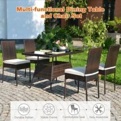 Costway 5 PCS Patio Rattan Dining Set Glass Table High Back Chair Garden Deck Mix Brown -Costway GUEST d44012bc ea6e 4c45 8e05 f2809e6a581f
