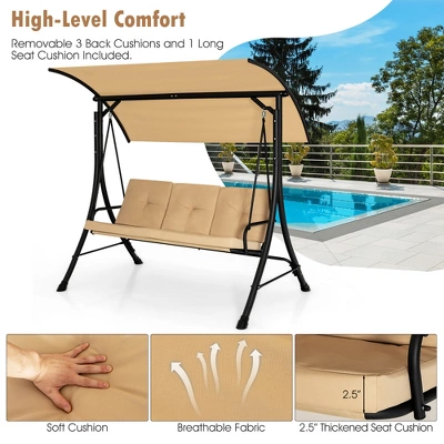 Costway 3-Seat Outdoor Porch Swing Adjustable Canopy Padded Cushions Steel Frame BeigeBlack 6 Costway 3-Seat Outdoor Porch Swing Adjustable Canopy Padded Cushions Steel Frame BeigeBlack - Image 4