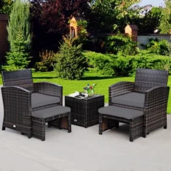 Costway 5PCS Patio Rattan Wicker Furniture Set Sofa Ottoman W/ Cushions -Costway GUEST d4dec807 16f7 4c9c a33b 387c91965d00