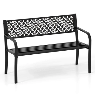 Costway 50" Outdoor Garden Bench With Geometric Lattice Backrest Armrests And Slatted Seat Black/Gray 12 Costway 50" Outdoor Garden Bench With Geometric Lattice Backrest Armrests And Slatted Seat Black/Gray - Image 10