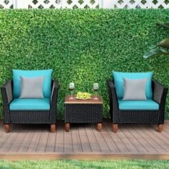 Costway 3 PCS Outdoor Patio Rattan Bistro Furniture Set Wooden Table Top Cushioned Sofa Black Brown -Costway GUEST d633d4de e503 4749 ab17 36980b8d737a
