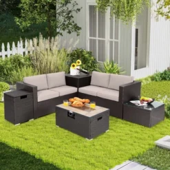 Costway 6PCS Patio Rattan Furniture Set 32'' Fire Pit Table Tank Holder With Cover Beige/Navy/Red/Turquoise -Costway GUEST d685142a 4799 418b 86de 036c4496257b