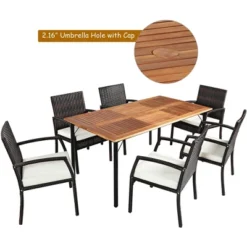 Costway 7PCS Patio Rattan Dining Set Table Top W/Umbrella Hole