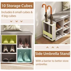 Costway Wooden Shoe Bench 10-Cube Storage Organizer With Padded Cushion & Umbrella Holder White/Brwon -Costway GUEST d712587e d17a 4d67 94ac 7795ee7357c5