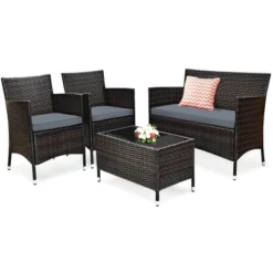 Costway 4PCS Outdoor Patio Rattan Furniture Set Table Shelf Sofa W/ Turquoise/Red/Gray Cushion -Costway GUEST d77ce091 6949 4fdb a728 a508c9c6a1d2