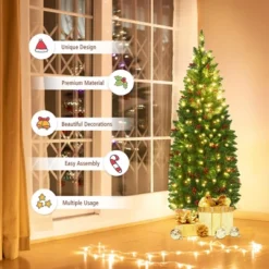 Costway 4.5Ft6.5Ft7.5Ft Pre-lit Hinged Pencil Christmas Tree W/Pine Cones Red Berries & 150250350 Lights -Costway GUEST d787077e 822b 476a aa27 f5e68a106e42