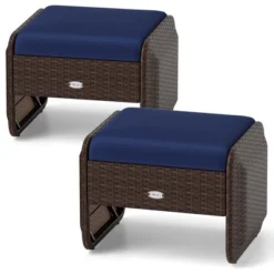 Patiojoy 2 Pieces Outdoor Patio PE Wicker Ottomans With Removable Cushions Footstools Beige/Navy -Costway GUEST d81d597b bc84 4c9d 8230 432c7c1ae384