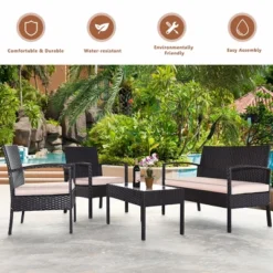 Costway Patio Rattan 4PCS Conversation Furniture Set Cushioned Seat Glass Table -Costway GUEST d861a387 ecce 402e 93cb 16817b2eaeed