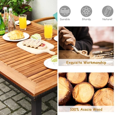 Costway 6 PCS Patio Rattan Dining Set Acacia Wood Table Stackable Chair Bench 8 Costway 6 PCS Patio Rattan Dining Set Acacia Wood Table Stackable Chair Bench - Image 6