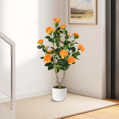Costway 1/2 PCS 36" Artificial Camellia Tree Fake Potted Tree Greenery Floral Plant Modern Orange/White/Pink 5 Costway 1/2 PCS 36" Artificial Camellia Tree Fake Potted Tree Greenery Floral Plant Modern Orange/White/Pink - Image 3