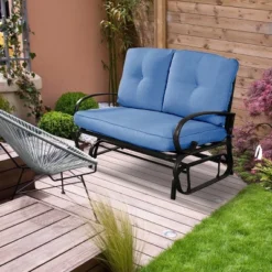 Costway Glider Outdoor Patio Rocking Bench Loveseat Cushioned Seat Steel Frame Blue -Costway GUEST d9145d41 290b 4117 b0be ca69ee801424
