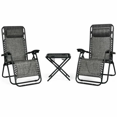 Costway 3PCS Zero Gravity Recliner Lounge Chairs Pillows Table Portable Folding Grey 5 Costway 3PCS Zero Gravity Recliner Lounge Chairs Pillows Table Portable Folding Grey - Image 3