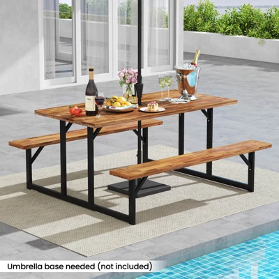 Costway 6-Person Acacia Wood Picnic Table With 2 Built-In Benches Umbrella Hole Metal Frame 10 Costway 6-Person Acacia Wood Picnic Table With 2 Built-In Benches Umbrella Hole Metal Frame - Image 8