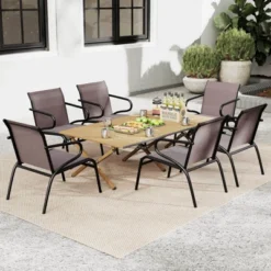 Costway Patio Chairs Set Of 2/4/6 With Breathable Fabric & Metal Frame Armrests For Poolside Brown/Gay -Costway GUEST d973ce98 6da8 4957 b700 102203ad223c